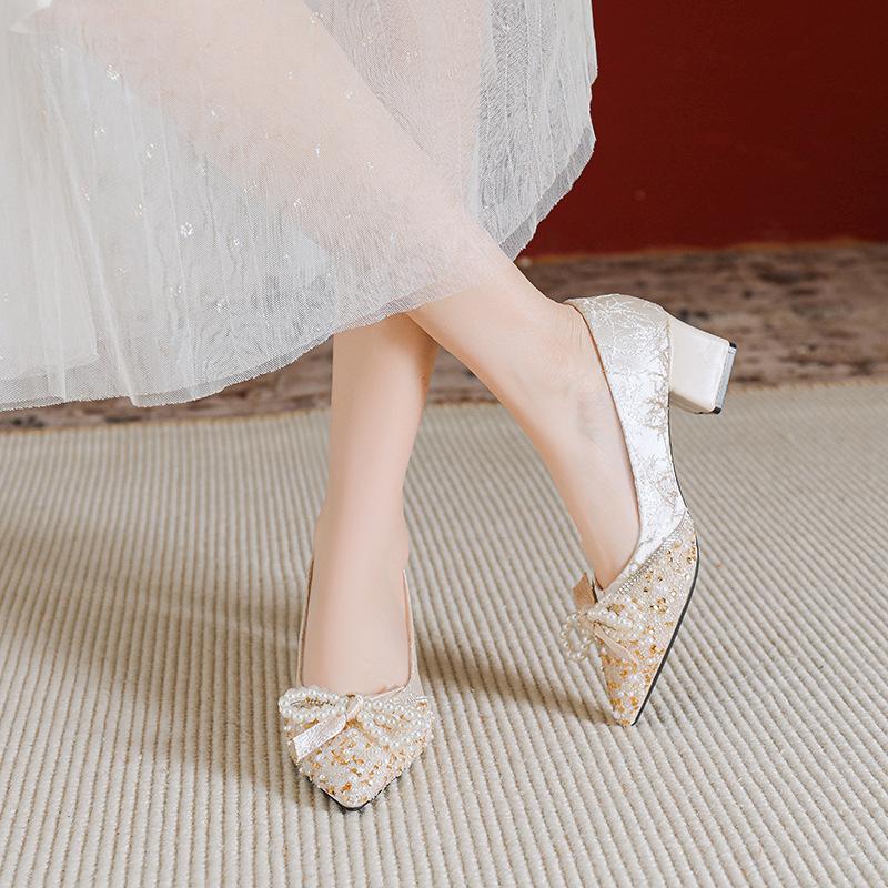 Женская обувь Роскошные туфли-лодочки Красивая жемчужная цепочка Бант Туфли на высоком каблуке Девочка Вечернее платье Туфли