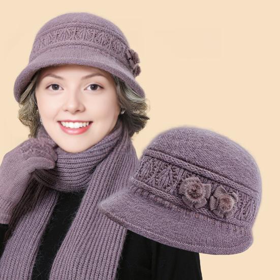 2Pcs/Set Women Hat Scarf Set Solid Color Flower Decor Elastic Knitting Basin Hat Warm Long Scarf Set Cold Weather Accessories