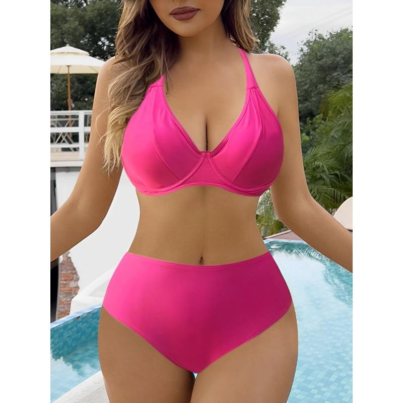 2025 Push Up Halter String Solid Two Piece Bikini Women Swimwear Female Swimsuit Bathers Bathing Swimming Suit Beachwear Summer