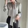 Fashion Long Sleeve Casual Shirt Women Spring and Summer Bow V-neck Solid Button Up Loose Blouses Women Elegant Simple Office Shirt Chic Tops 26436