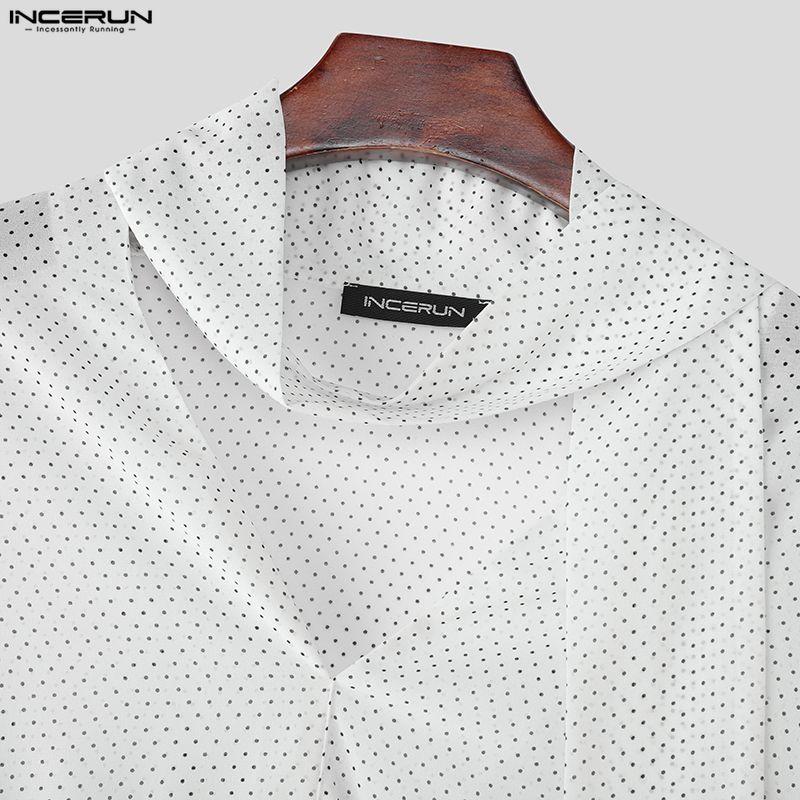 INCERUN Мужские блузки с длинным рукавом, полупрозрачные, в горошек, оверсайз, повседневные