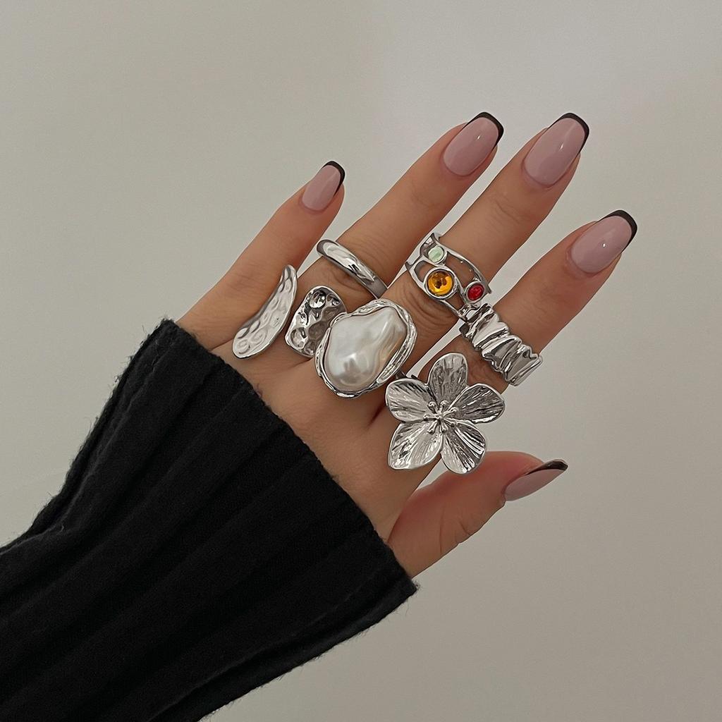 6-piece/set Women Punk Open-end Ring Flower Ring Ins Geometric Irregular Alloy Daily Party Wear Delicate Gift Personalized Ring