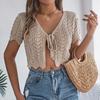 Women Crochet Tops Short Sleeve Lace-up Hollow Design Knitting Tops Sun Protection Summer Vacation Tops