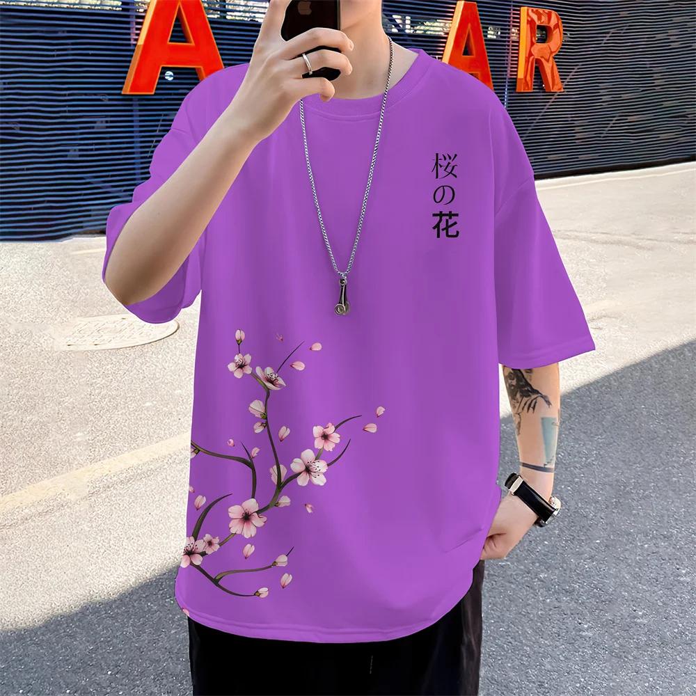 Summer New Men's T-shirt, 3D Printed Loose Cherry Blossom Pattern Casual Daily Oversized Men's Short Sleeved Minimalist Top