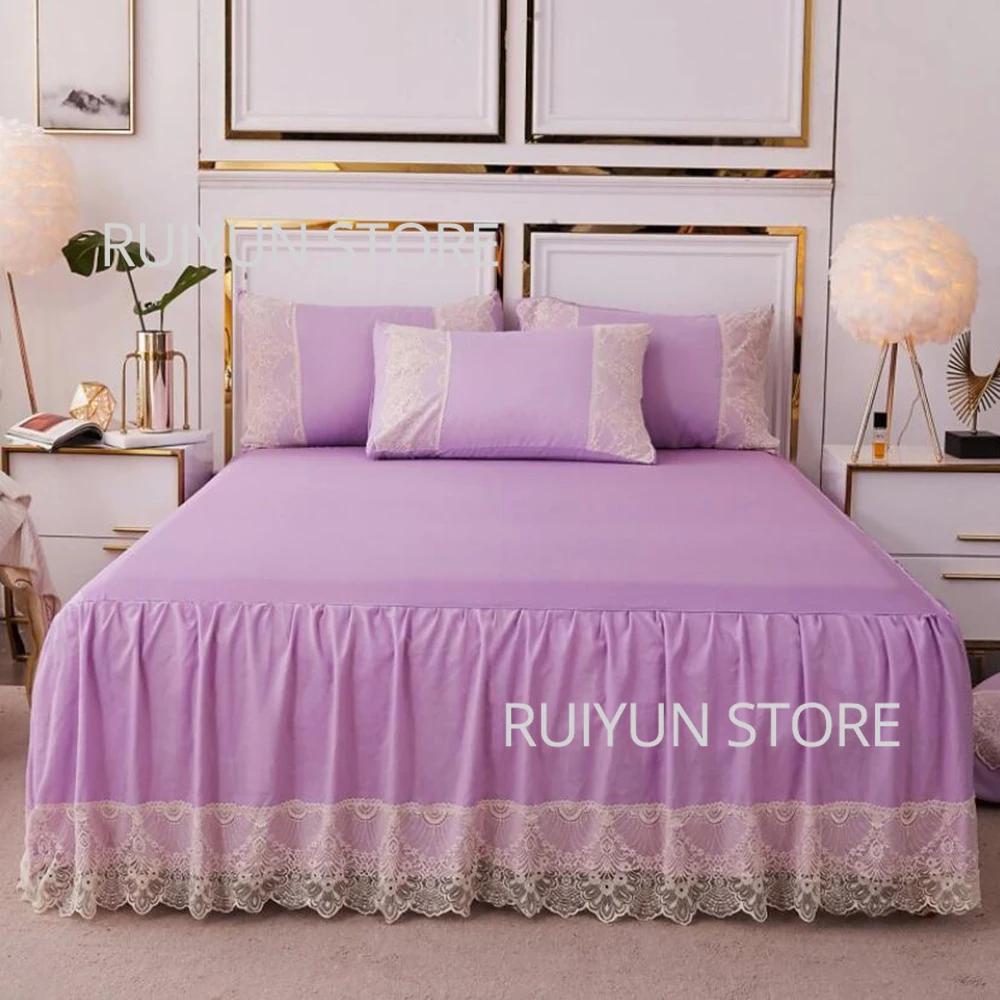Декоративная кружевная юбка на кровать, нескользящий наматрасник, чехол на кровать, юбка с рюшами, покрывало, простыня, сплошной цвет