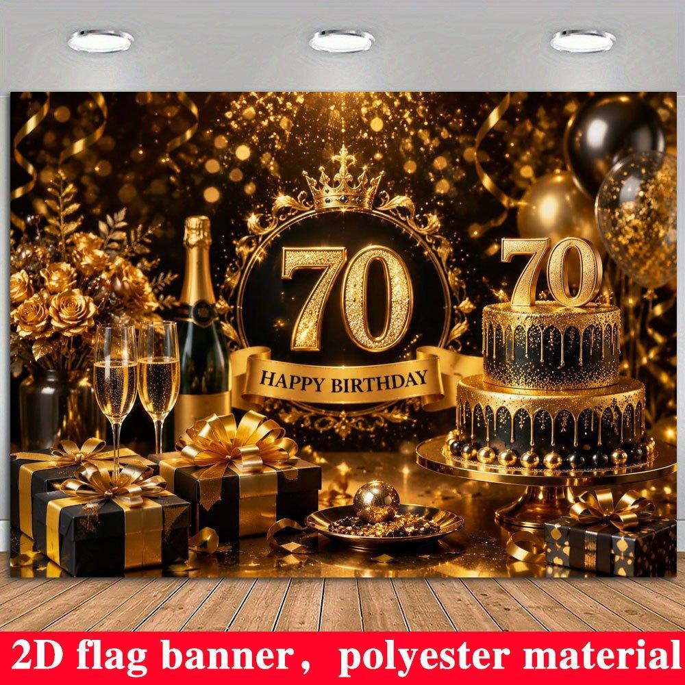 2D Flat Banner, 70th Birthday Backdrop, Black and Golden, Crown, Champagne, Gift Box, Polyester