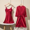Women's Ice Silk Pajamas, Two-Piece Set with Chest Pad, Sexy Nightgown and Bathrobe - Spring and Autumn