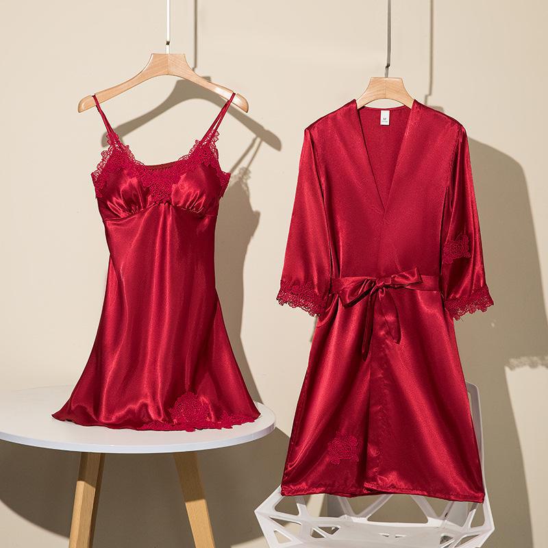 Женская пижама Ice Silk, комплект из двух предметов с нагрудной подкладкой, сексуальной ночной рубашкой и халатом - весна и осень