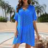 Women's Mesh Crochet Swimwear Cover-Up V-Neck Short Sleeve Hollow Out Beachwear Loose Fit Bikini Cover Up Dress for Vacation Travel