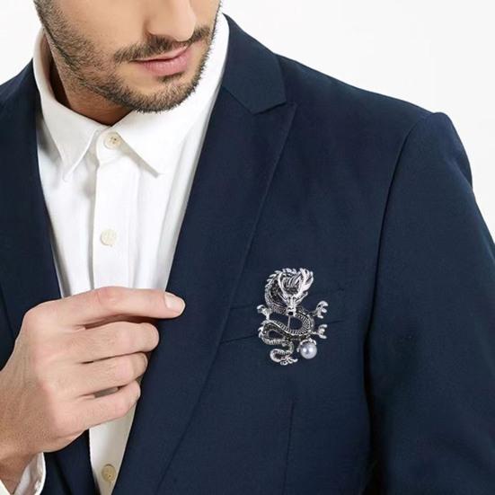 Chinese Style Brooch Men Enamel Dragon Shape Faux Pearl Pin Clothing Coat Badge Jewelry Party Accessories