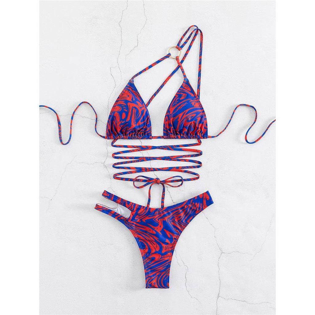 Printed Wrap Around One Shoulder Bikini Women Swimwear Female Swimsuit Two-pieces Bikini Set Bather Bathing Suit Swim Lady