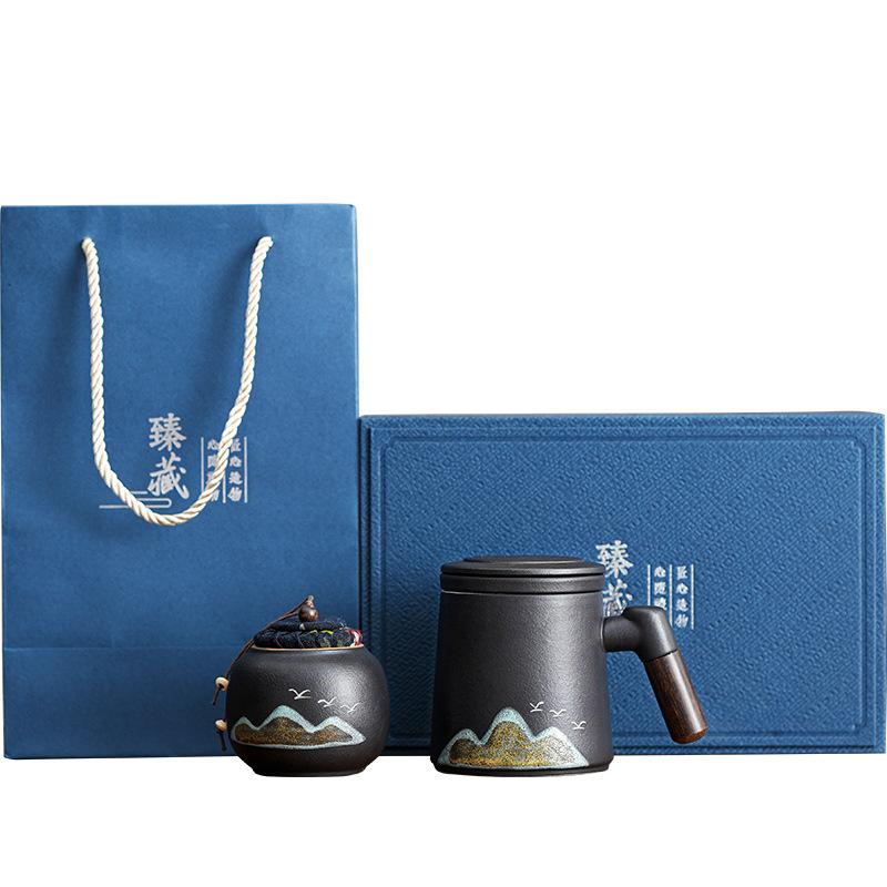 High-end annual meeting souvenir coarse pottery retro office cup new Chinese style Qingshan flying bird Kuaike cup tea set