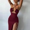 Summer Sexy Dress For Women Sleeveless Backless Hollow Out Party Dress Fashion Lace-up Halter Bodycon Elegant Split Dress