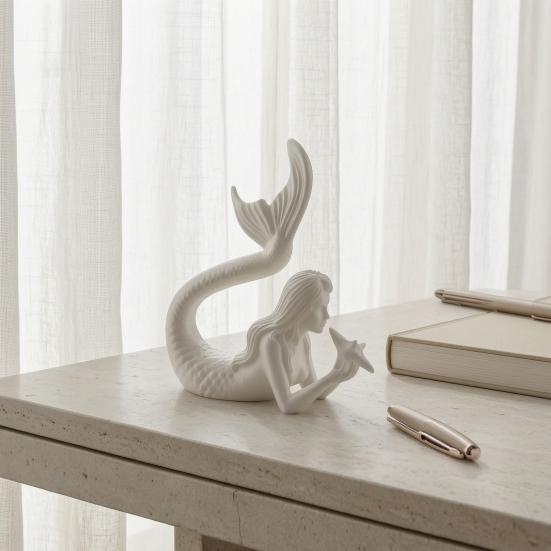 Desktop Ornament for Office 3D Printed Mermaid & Starfish Figurine, Exquisite Sculpture, Ocean Literary Style Room Decor Theme Home Fish Tank