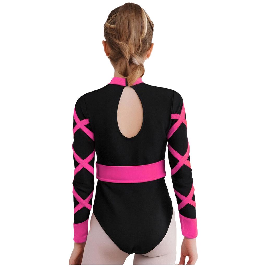 Девочки Китайский Стиль Гимнастический Купальник Узел Пуговица Воротник Мандарин Длинный Рукав Стразы Цветной Блок Поясной Боди