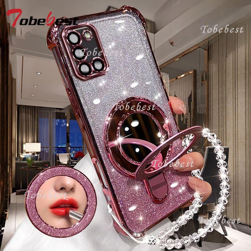 Чехол для Samsung Galaxy A51 A71 A31 A21S A11 A02S A03S A04E с блестящим покрытием, зеркальцем для макияжа, магнитным держателем для телефона, браслетом-крышкой