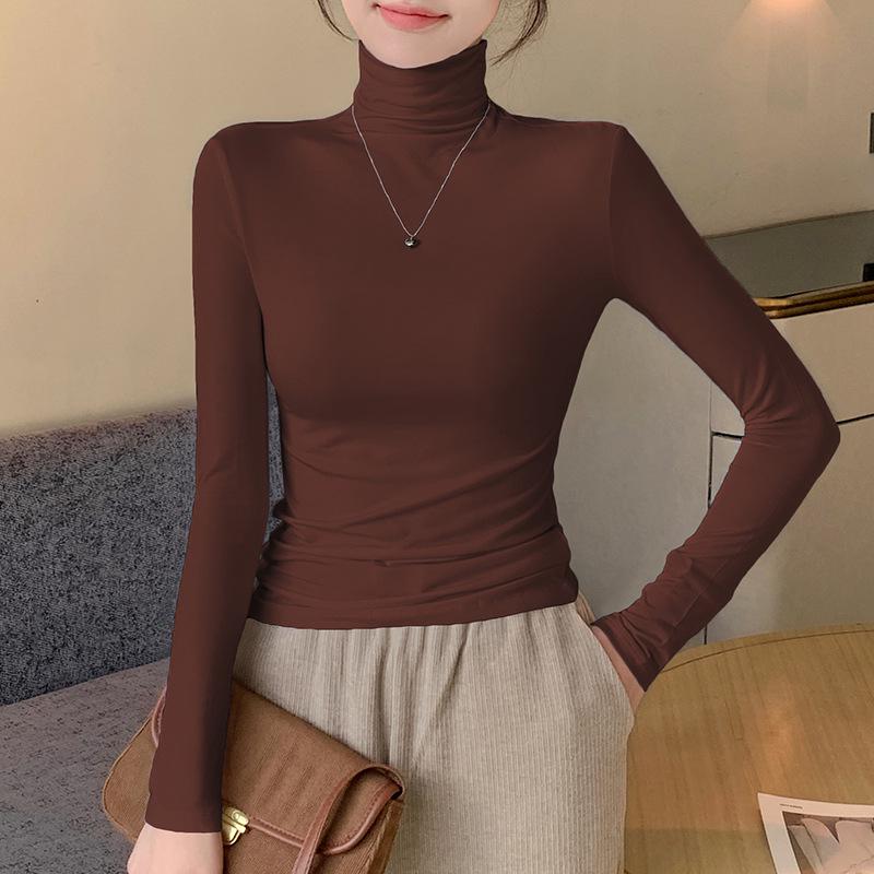 Женский черный модальный топ с длинным рукавом, облегающий, с высоким воротником, базовый слой для весны, осени, зимы 2024.