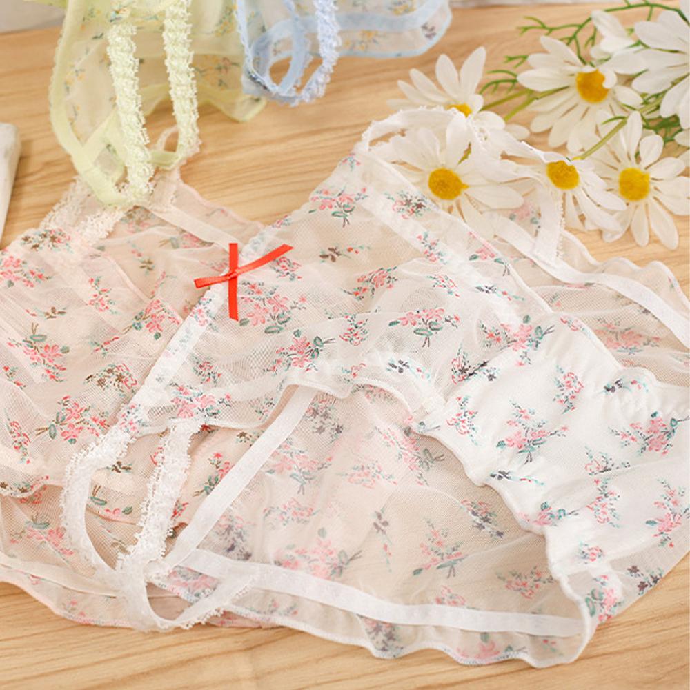 Sexy Sweet Bow Women Transparent Froal Mesh Panties Lingerie Lace Briefs Flower Underwear