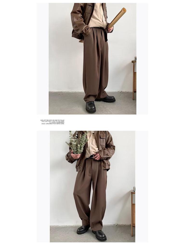 Men's Retro Brown Wide-Leg Sweatpants - Loose Straight Drape for Spring & Autumn