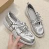 Fashion Silver Mary Jane Shoes for Women Sneakers Fashion Bowknot Cross Belt Buckle Casual Shoe Female Soft Leather Platform Ballet Shoe