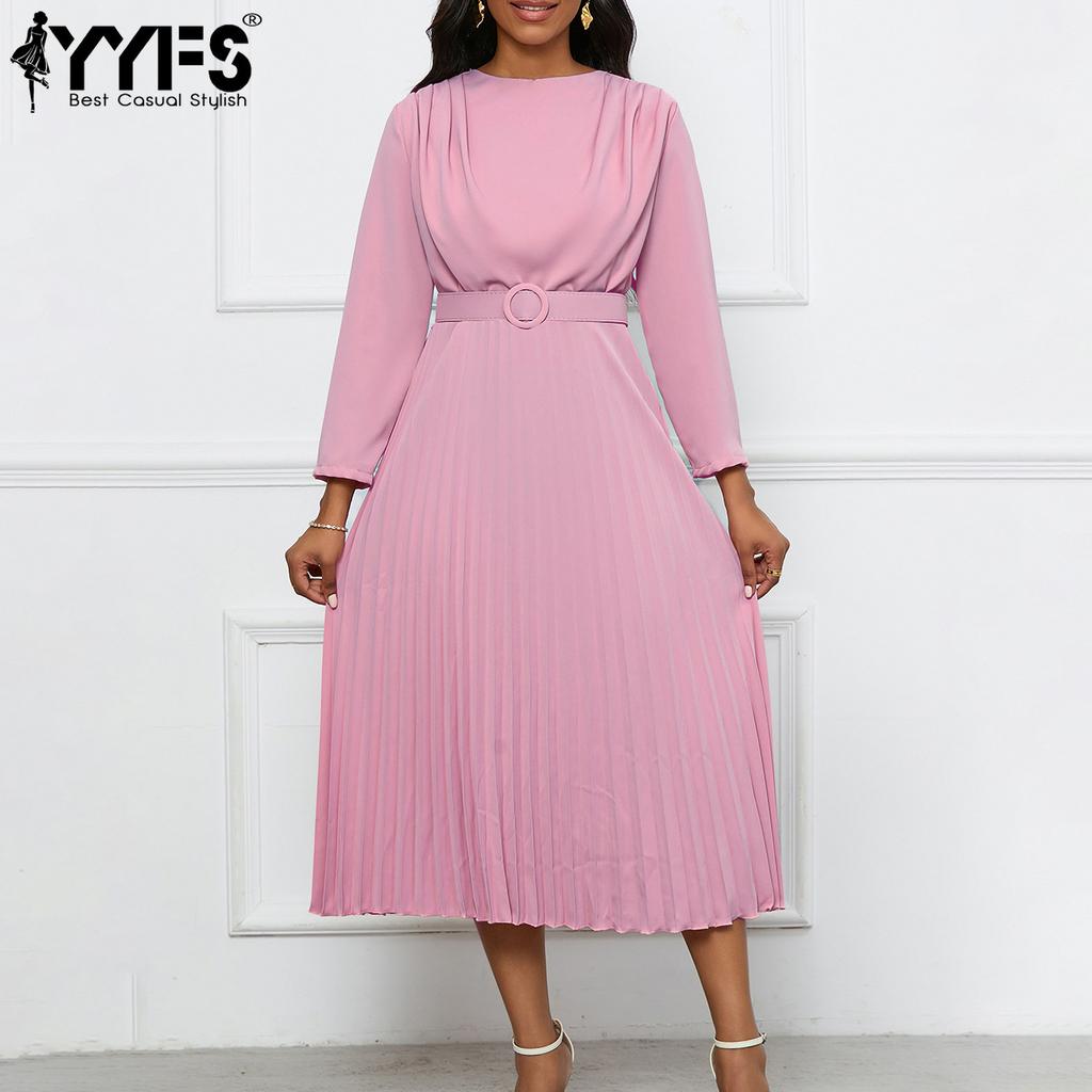 YYFS Women's Fashion Spring Fall Solid Color Print Long Sleeve O-Neck High Waist Casual Dresses