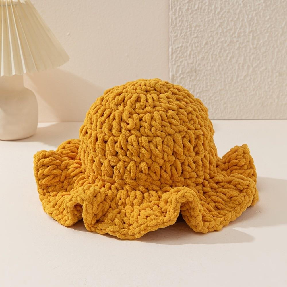 Handcrafted Knitted Beanie Cable Knit Winter Warm Bucket Hat Ruffled Edge Fisherman Hat Outdoor