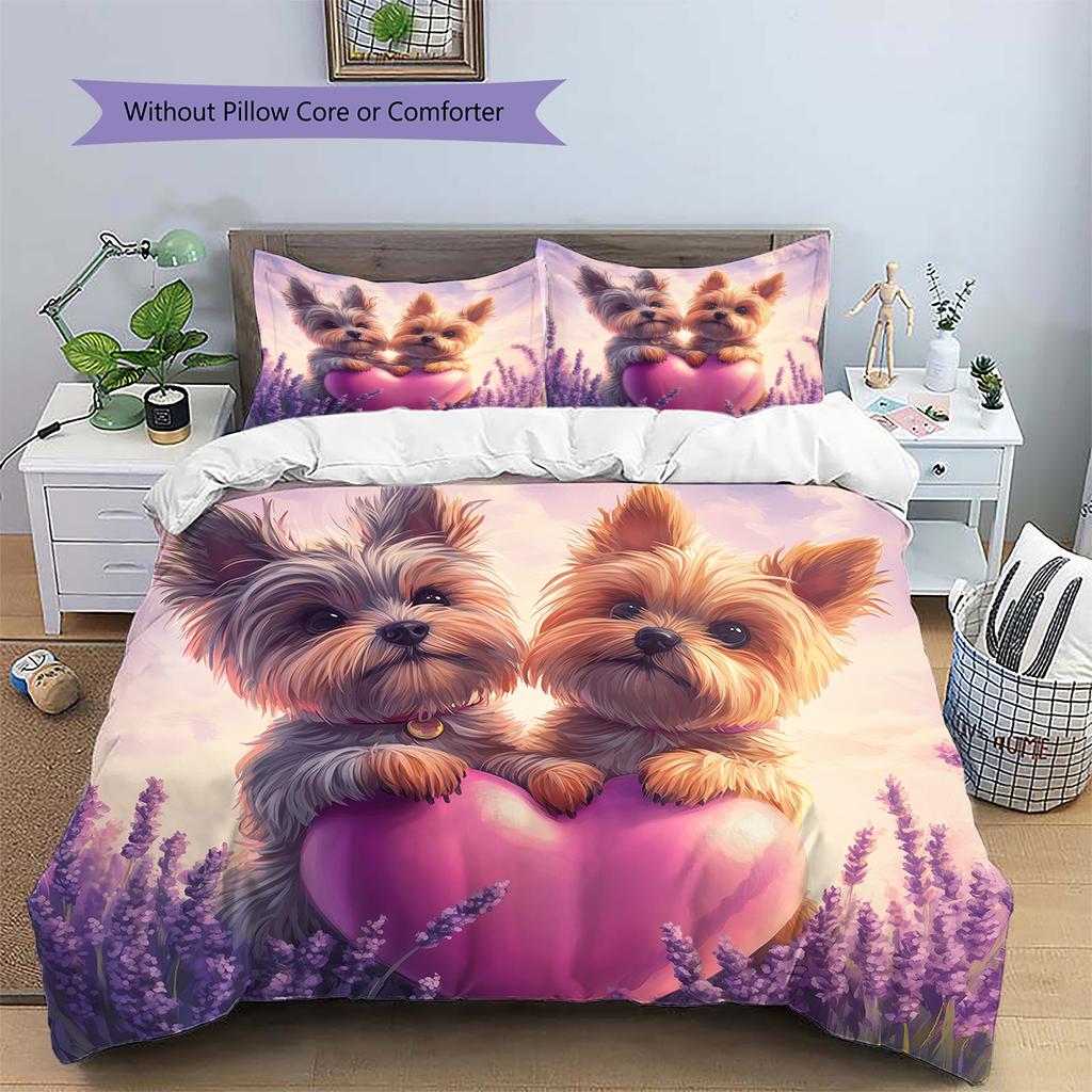 Yorkshire Terrier and Love Heart Pattern Bedding Home Decoration Birthday Gift (1 * duvet cover + 2 * pillowcase, without core)