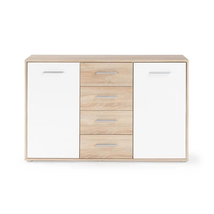 Buffet bas PILVI - 2 portes et 4 tiroirs - Blanc et chêne sonoma - L 122,6 x P 34,2 x H 81,1 cm