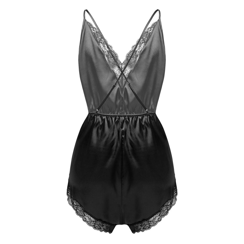 Мужское сексуальное женское белье на тонких бретельках с кружевной отделкой из атласной пижамы Комбинезон Ночное белье