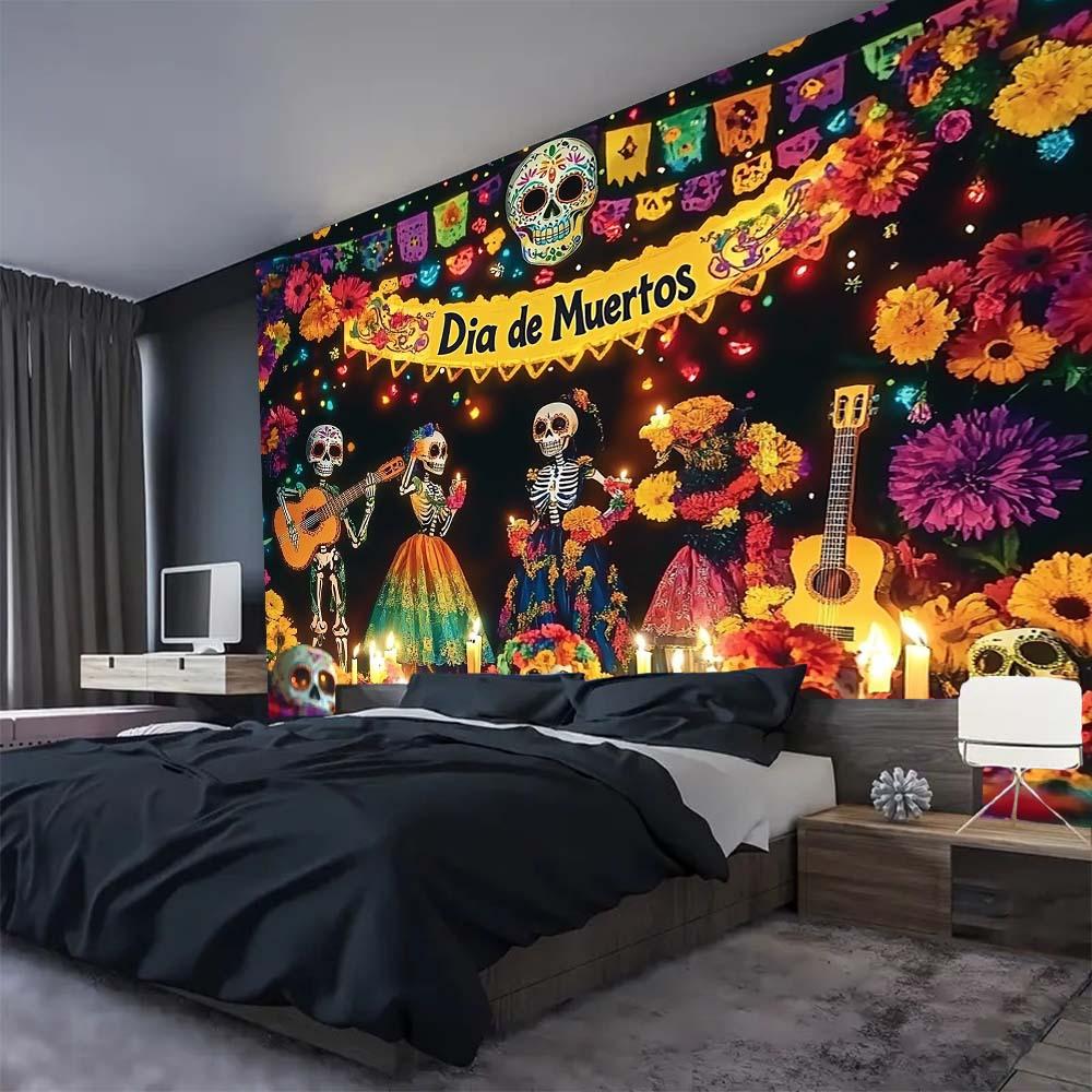 1 piece of 2D flat banner - Dia de Muertos flag - Vibrant design featuring skulls and flowers
