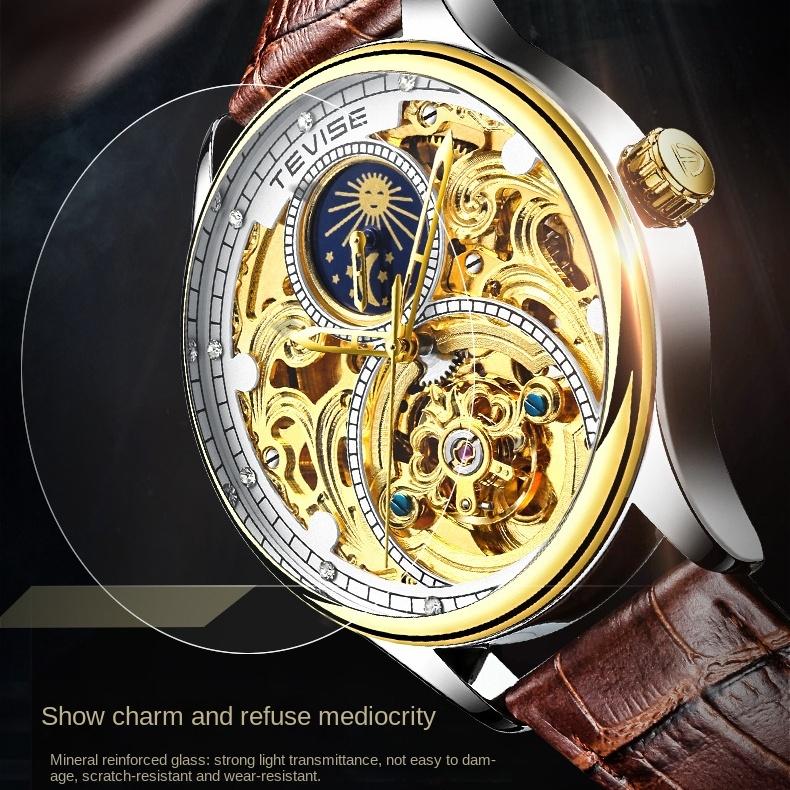 TEVISE Новые полые автоматические механические часы с турбийоном и фазой Луны, водонепроницаемые часы для мужчин