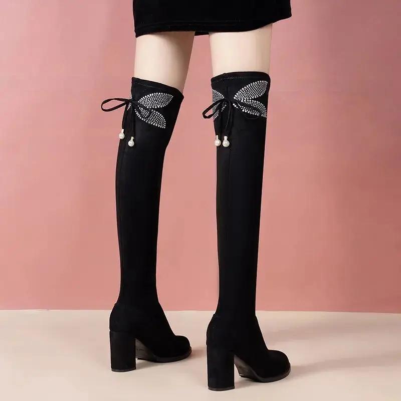 Ladies Knee High Shaft Shoes Pointed Toe Winter 2024 Middle Heel Chic and Elegant Women's Long Boots Spring Autumn On Offer Boot