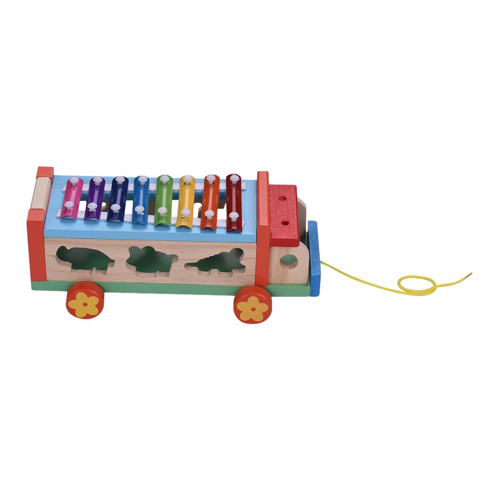 Multifunctional Wooden Toy Car with 8 Notes Xylophone Glockenspiel 7 Cute Animal-shaped Blocks Early Educational Toy Percussion Instrument Musical
