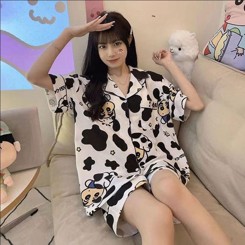 WeChat new short-sleeved pajamas women's summer lapel cute geometric loungewear Japanese and Korean popular shorts set