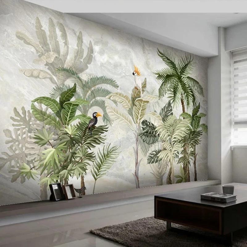 Custom Photo Wallpaper For Walls 3 D European Style Marble Pattern Hand Painted Plant Leaf Living Room Background Wall Painting