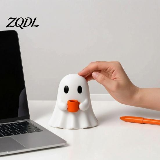 Compact Figurine for Home Ghost Drinking Coffee Figurine, 3D Printed Cute White Holding A Mug Desktop Statue Women Statue, Spooky Halloween Decoration