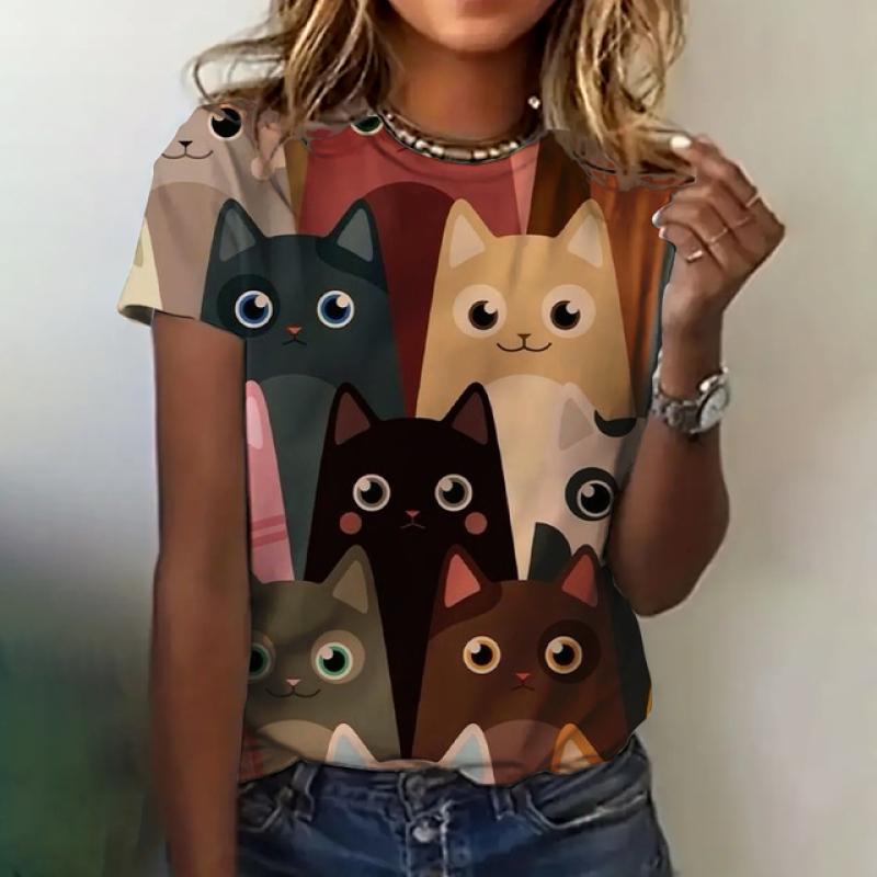 Женская модная футболка, летняя одежда с круглым вырезом, элегантная повседневная верхняя одежда с коротким рукавом и принтом кота, модная свободная футболка, женская одежда