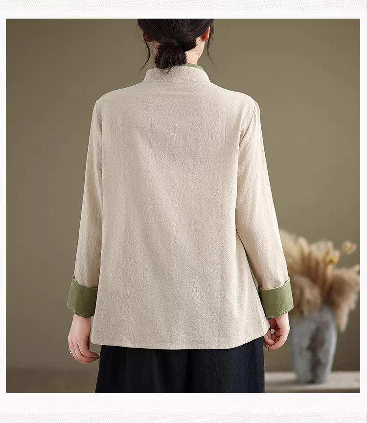 Хлопково-льняная рубашка в стиле Дзен для полных: Ретро в китайском стиле с косым воротником и завязками