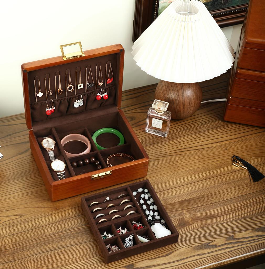 LIBOLXSP Olive Wood Two-Tier Jewelry Box with Lock, Storage Box for Travel, Mother's Day Gift (Dark Brown, 23 x 18 x 8.5 cm, Divided Storage)