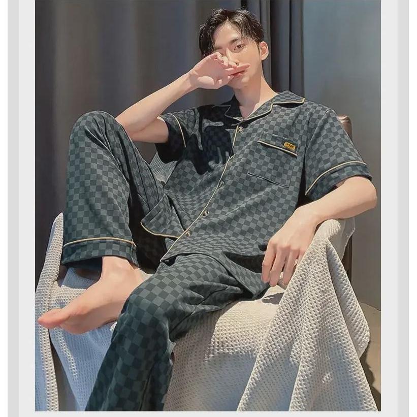 Мужской пижамный комплект из 100% хлопка в клетку с короткими рукавами и кардиганом