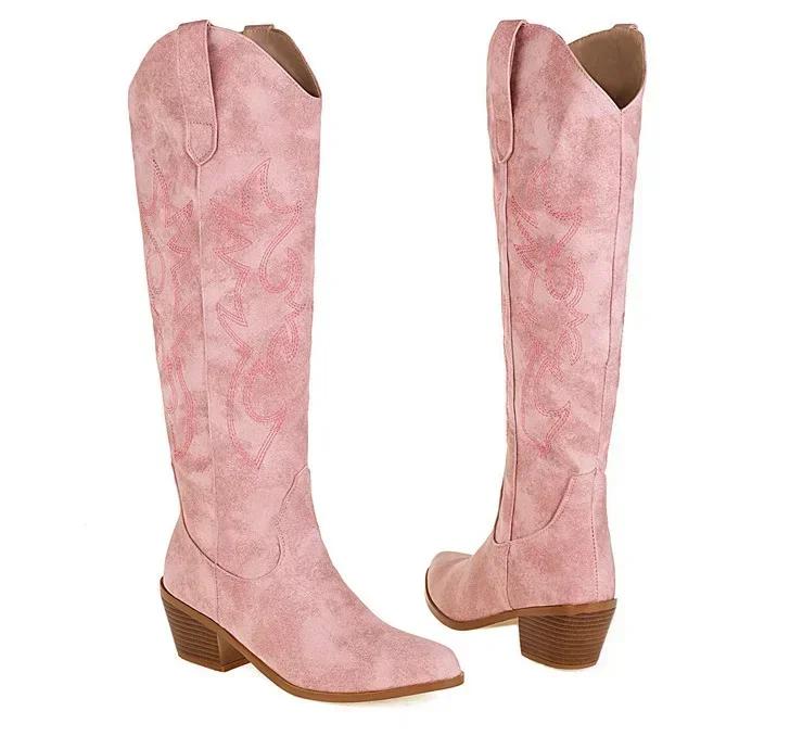 Модные рыцарские сапоги с острым носком для женщин, коричневые сапоги из искусственной кожи до колена, женские сапоги в стиле вестерн-ковбой, длинные, Botas Mujer 2024