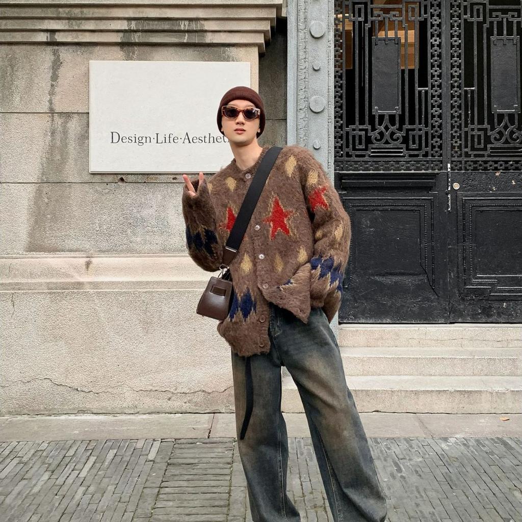 Рождественский винтажный свитер с круглым вырезом для мужчин, свободный повседневный вязаный кардиган Harajuku High Street на осень-зиму