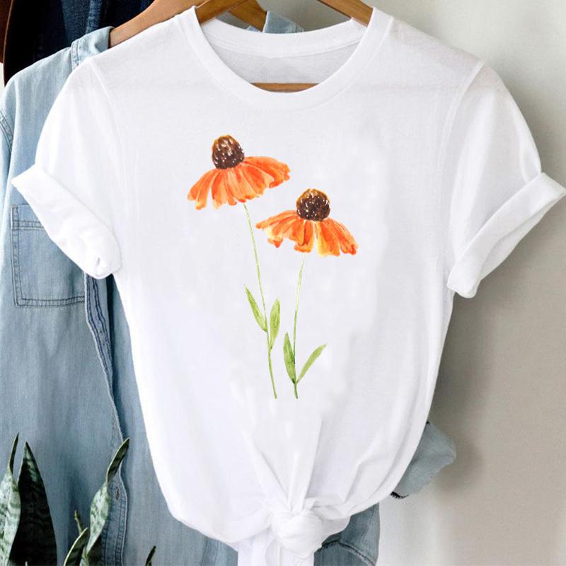 Цветок Подсолнуха Акварель Симпатичные 90-х годов Женская летняя модная футболка с коротким рукавом с принтом Футболка Леди Женская одежда Повседневная футболка с рисунком