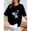 White Oversized T-Shirt With Floral And Bird Print For Casual Wear