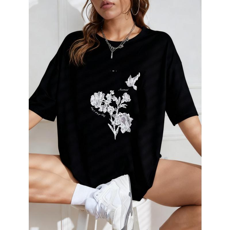 White Oversized T-Shirt With Floral And Bird Print For Casual Wear