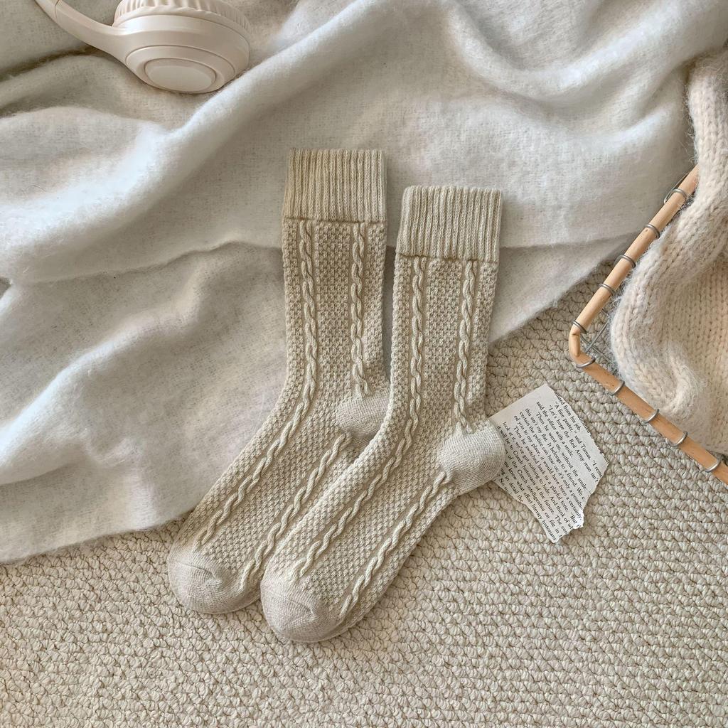 Серые шерстяные вязаные косами женские носки до середины икры - Ретро корейский стиль с оборками