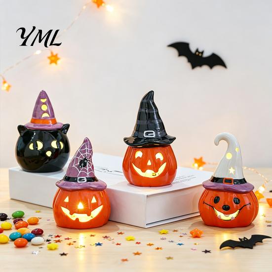 Cute Halloween Room Decoration Ceramic Tealight Holder, Lighted Ghost Pumpkin Figurine with Indoor Party Atmosphere Lamp Witch Hat, Tiered Tray