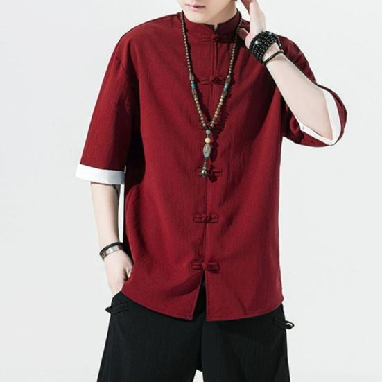 Мужская рубашка в китайском стиле, однотонный ледяной шелк, однобортный однобортный кардиган средней длины с короткими рукавами, топ, костюм Ханфу