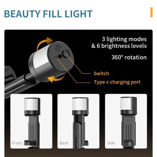 Палка для селфи Штатив с заполняющей подсветкой Телескопическая многофункциональная встроенная скрытая конструкция Вращающаяся на 360 градусов палка для селфи