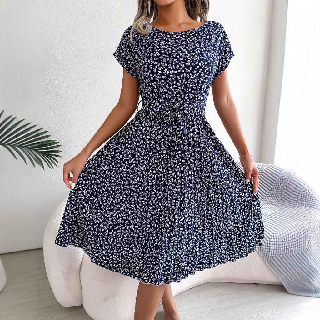 Instagram-style Real Photos of Spring and Summer Casual Short-sleeved, Floral, Large-swing Pleated Skirt Women's Clothing